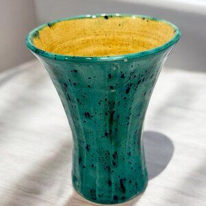 Aqua and Yellow Ceramic Studio Pottery Flower Vase Speckled Signed *read*